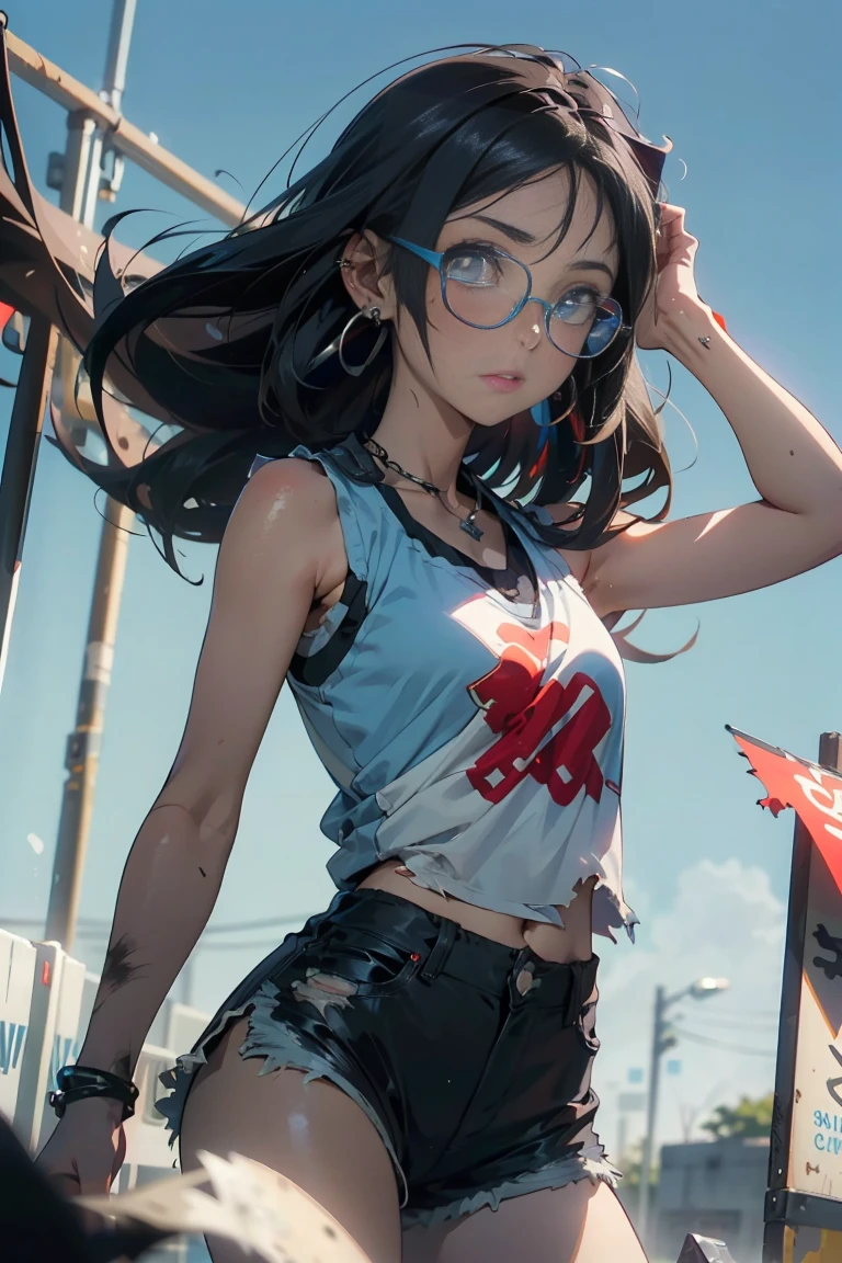 ((masterpiece)), ((Best quality)), ((Anime Avatar Style)), a 20 year old girl, ((light blue eyes)), ((ideal)), ((Round clear glasses)) , eyebrow, nose, ear, ((ear piercing)), mouth, ((Long black hair is dirty)), neck, shoulder, weapon, ((singlet)), ((torn shorts)), ((брюки noseки )), (neck chain), background landscape