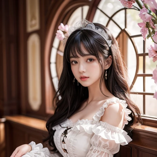 best quality, masterpiece, lifelike, 1 girl, solitary, eternal, Black Hair, Long curly hair, Bangs, Laugh out loud, layered dress, Puff sleeves, Wide sleeves, Transparent sleeves, Detailed background, Delicate face,pink blush,cold,Lots of lace,((masterpiece))、(top quality)、8k、High Detail、Super detailed、 21 years old female,masterpiece、born、Scenes resembling fairy tale illustrations、Intricate details showcase the ruffles and intricate designs of the Lolita dress、beautiful、magic、realism、Visual effect、FXAA、SSAO、Shader、voiceless、Ambient Lighting、Tone Mapping、high resolution、Ultra HD、Million pixels、(8K resolution:1.10)、8K resolution、High Detail、Intricate details、 (high quality:1.2、masterpiece:1.2、:1.21)、(21 years old female)(Surrounded by a dreamy atmosphere ),Landscape photos
