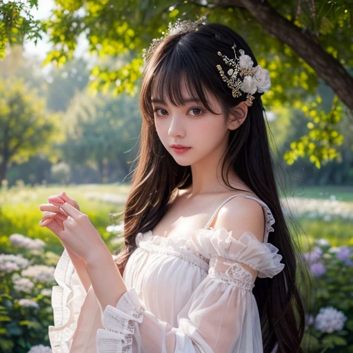 best quality, masterpiece, lifelike, 1 girl, solitary, eternal, Black Hair, Long curly hair, Bangs, Laugh out loud, layered dress, Puff sleeves, Wide sleeves, Transparent sleeves, Detailed background, Delicate face,pink blush,cold,Lots of lace,((masterpiece))、(top quality)、8k、High Detail、Super detailed、 21 years old female,masterpiece、born、Scenes resembling fairy tale illustrations、Intricate details showcase the ruffles and intricate designs of the Lolita dress、beautiful、magic、realism、Visual effect、FXAA、SSAO、Shader、voiceless、Ambient Lighting、Tone Mapping、high resolution、Ultra HD、Million pixels、(8K resolution:1.10)、8K resolution、High Detail、Intricate details、 (high quality:1.2、masterpiece:1.2、:1.21)、(21 years old female)(Surrounded by a dreamy atmosphere ),Landscape photos