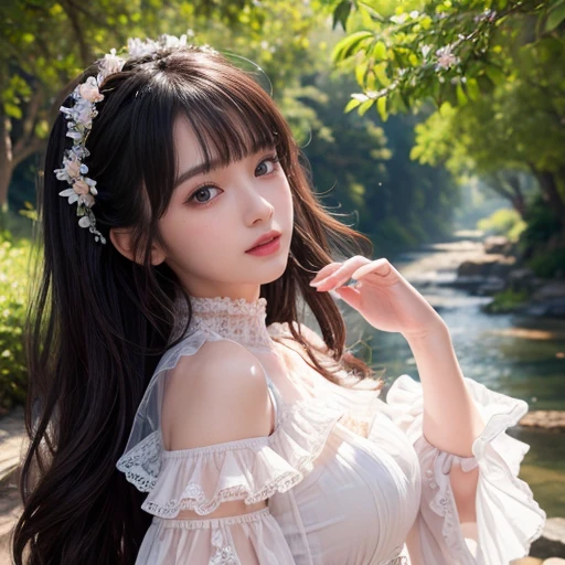 best quality, masterpiece, lifelike, 1 girl, solitary, eternal, Black Hair, Long curly hair, Bangs, Laugh out loud, layered dress, Puff sleeves, Wide sleeves, Transparent sleeves, Detailed background, Delicate face,pink blush,cold,Lots of lace,((masterpiece))、(top quality)、8k、High Detail、Super detailed、 21 years old female,masterpiece、born、Scenes resembling fairy tale illustrations、Intricate details showcase the ruffles and intricate designs of the Lolita dress、beautiful、magic、realism、Visual effect、FXAA、SSAO、Shader、voiceless、Ambient Lighting、Tone Mapping、high resolution、Ultra HD、Million pixels、(8K resolution:1.10)、8K resolution、High Detail、Intricate details、 (high quality:1.2、masterpiece:1.2、:1.21)、(21 years old female)(Surrounded by a dreamy atmosphere ),Landscape photos