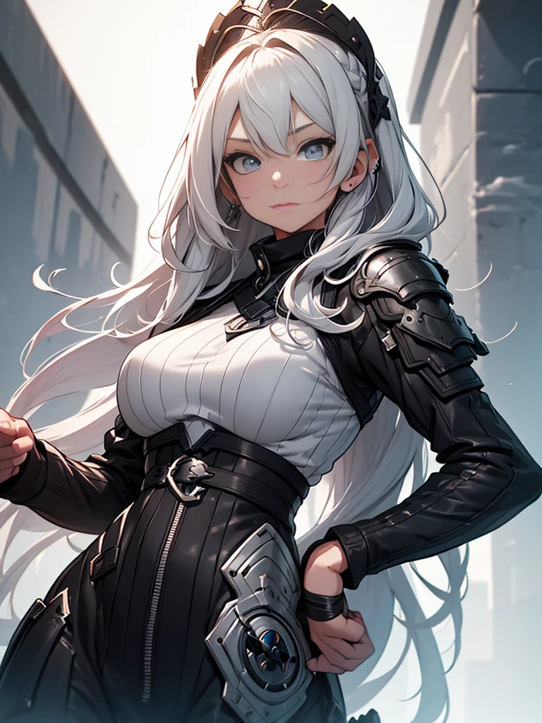 a beautiful girl with long white hair and piercing blue eyes, wearing intricate fantasy-inspired plate armor, standing against a grey background, full body portrait, (best quality,4k,8k,highres,masterpiece:1.2),ultra-detailed,(realistic,photorealistic,photo-realistic:1.37),cinematic lighting,extremely detailed facial features,fantasy,medieval,epic,dramatic pose,digital art,concept art