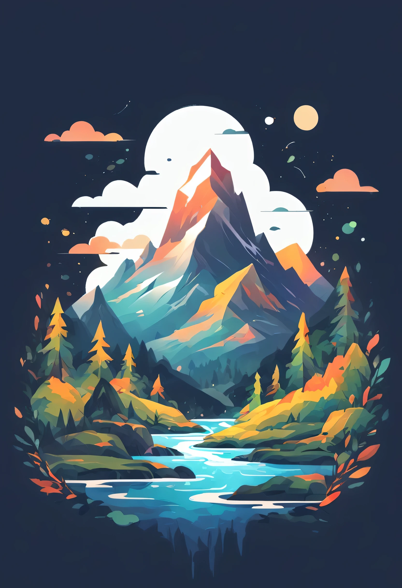 t-shirt design, impressive painting of a mountain with trees and water, a detailed painting by Petros Afshar, shutterstock contest winner, environmental art, detailed painting, outlined art, 2d game art, isolated background for logo