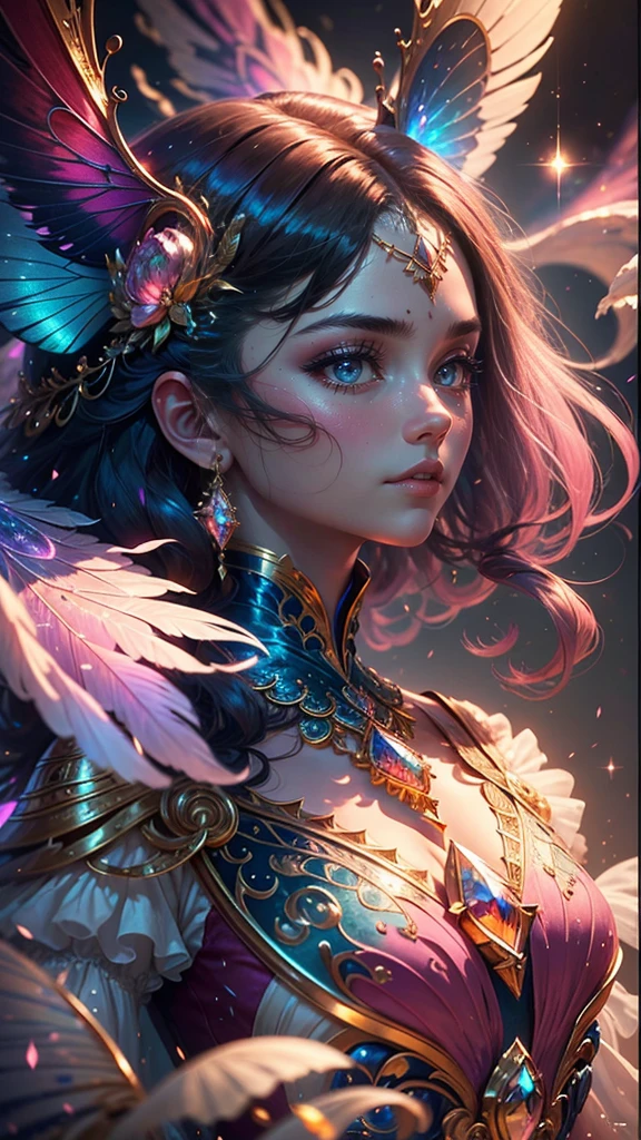 (((masterpiece))), (((best quality))), ((ultra-detailed)),(highly detailed CG illustration), ((an extremely delicate and beautiful)),cinematic light, Create a stunning fantasy artwork that mimics the style of currently trending masters of the genre. The art piece should contain elements of both mythic fantasy and fairytale fantasy with colorful accents. ((Utilize various shades of pink and watercolor pastels as the main color scheme.)) The character in the artwork is a delicate but strong  figure with an aura of mystery and magic. Pay close attention to intricate facial features, such as mesmerizing eyes with vibrant colors and bold shading. The character's clothing should be designed with gossamer feathers, silk, stunning embroidery, and subtle iridescent details. Incorporate dreamy colors, dynamic lighting, and detailed background elements to create a sense of awe and immersion. Include colorful flying magical birds and jewel-toned butterflies radiating a magical aura. Consider the latest trends in fantasy art, such as incorporating unique lighting effects, exploring dynamic and compelling composition techniques, and experimenting with unique color palettes. Take inspiration from the top artists on ArtStation and Midjourney. Camera: Choose an angle that highlights the character's beauty and enhances the magical majesty of the artwork. Lighting: Utilize atmospheric lighting techniques to create depth and mood. Resolution: Aim for a high-resolution artwork to showcase intricate details and clarity. Art Inspirations: Seek inspiration from the trending artists on ArtStation, exploring different styles, genres, and themes.