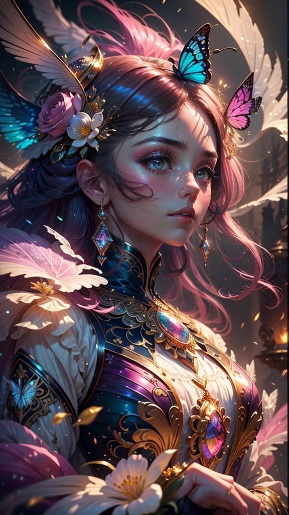 (((masterpiece))), (((best quality))), ((ultra-detailed)),(highly detailed CG illustration), ((an extremely delicate and beautiful)),cinematic light, Create a stunning fantasy artwork that mimics the style of currently trending masters of the genre. The art piece should contain elements of both mythic fantasy and fairytale fantasy with colorful accents. ((Utilize various shades of pink and watercolor pastels as the main color scheme.)) The character in the artwork is a delicate but strong figure with an aura of mystery and magic. Pay close attention to intricate facial features, such as mesmerizing eyes with vibrant colors and bold shading. The character's clothing should be designed with gossamer feathers, silk, stunning embroidery, and subtle iridescent details. Incorporate dreamy colors, dynamic lighting, and detailed background elements to create a sense of awe and immersion. Include colorful flying magical birds and jewel-toned butterflies radiating a magical aura. Consider the latest trends in fantasy art, such as incorporating unique lighting effects, exploring dynamic and compelling composition techniques, and experimenting with unique color palettes. Take inspiration from the top artists on ArtStation and Midjourney. Camera: Choose an angle that highlights the character's beauty and enhances the magical majesty of the artwork. Lighting: Utilize atmospheric lighting techniques to create depth and mood. Resolution: Aim for a high-resolution artwork to showcase intricate details and clarity. Art Inspirations: Seek inspiration from the trending artists on ArtStation, exploring different styles, genres, and themes.