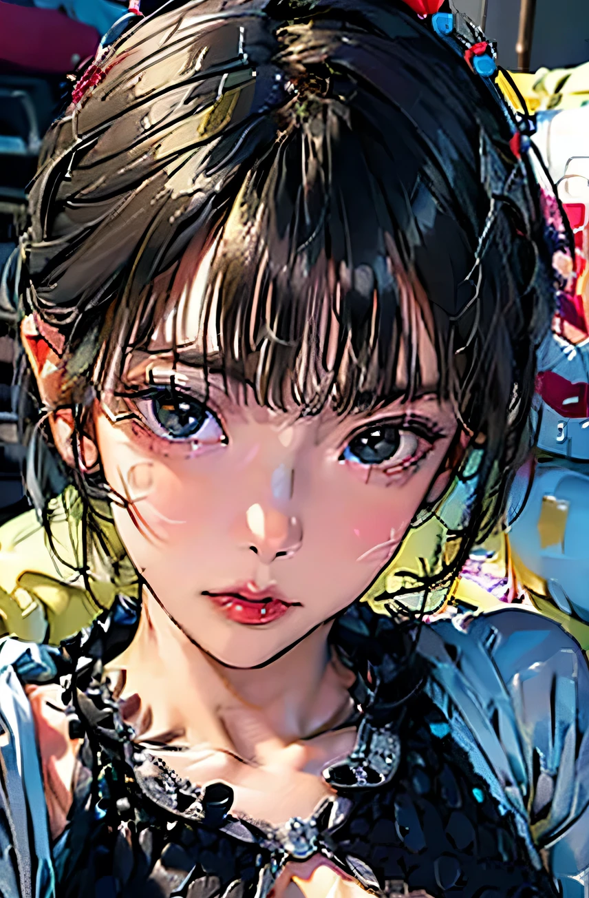 (Highest quality,Super detailed,High resolution:1.2),beautiful woman with perfect face,very_Long eyelashes, Detailed lips, Cool look, Soft Skin, Shiny Hair,Exquisite makeup,Heavy bangs,Dilated grey eyes,Black short hair, Wearing a black silk shirt,He is hugging a black cushion on the sofa,