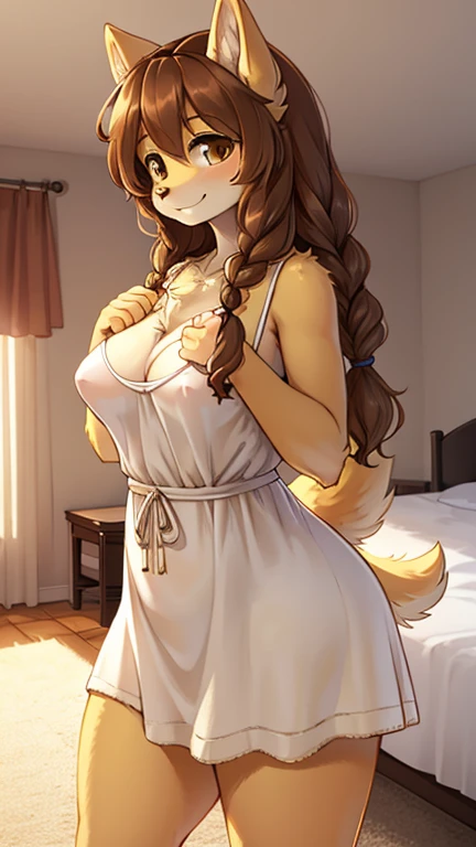 best quality, best resolution, (fluffy anthro furry), golden retriever woman, tall, brown hair, curly braided hair, long snout, (light yellow fur), medium breast, thick thighs, (casual sun dress), standing, bedroom, smile