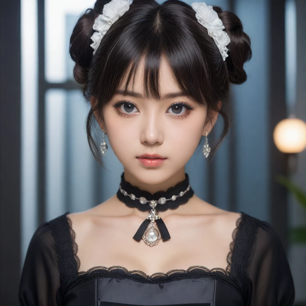 8k, Ultra-high resolution, Highest quality, masterpiece, 三分割法によるphotograph,Surreal, photograph, 1 Girl, (16 years old:1.3), pretty girl, Cute Face, Beautiful eyes in every detail, 細かくdetailedに,masterpiece,One Girl:1.2,Japanese female announcer,extream close up,Serious expression,Black short hair,Updo hairstyle,Maid Android,((Fusion of Gothic Lolita and Lolita fashion:1.3)),bracelet, chest, choker, clavicle, Earrings,Futuristic cityscape ,Perfect and beautiful face ,完璧でCute Face, Skin with attention to detail, Perfect limbs、Narrow waist,Looking at the audience,(((Ideal body type))),Aカップの小さなchest :2,Portraiture:2,Perfect Anatomy,鮮明なdetailed,detailed,Surreal,Light and shadow,stage lights