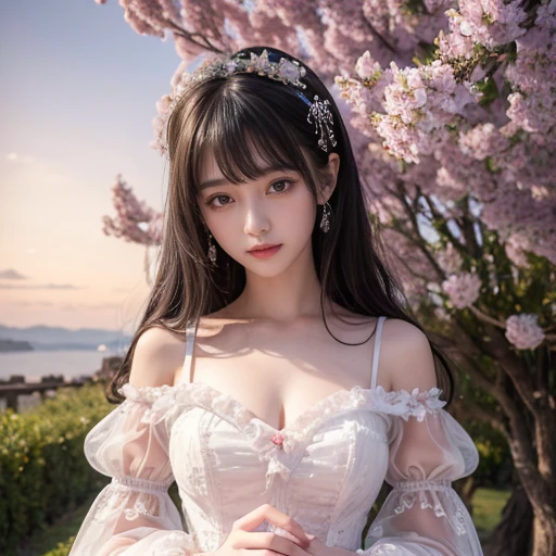 best quality, masterpiece, lifelike, 1 girl, solitary, eternal, Black Hair, Long curly hair, Bangs, Laugh out loud, layered dress, Puff sleeves, Wide sleeves, Transparent sleeves, Detailed background, Delicate face,pink blush,cold,Lots of lace,((masterpiece))、(top quality)、8k、High Detail、Super detailed、 21 years old female,masterpiece、born、Scenes resembling fairy tale illustrations、Intricate details showcase the ruffles and intricate designs of the ta dress、beautiful、magic、realism、Visual effect、FXAA、SSAO、Shader、voiceless、Ambient Lighting、Tone Mapping、high resolution、Ultra HD、Million pixels、(8K resolution:1.10)、8K resolution、High Detail、Intricate details、 (high quality:1.2、masterpiece:1.2、:1.21)、(21 years old female)(Surrounded by a dreamy atmosphere ),Landscape photos