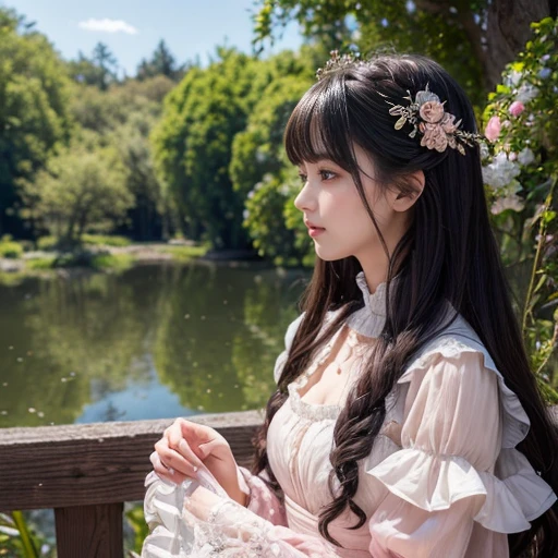 best quality, masterpiece, lifelike, 1 girl, solitary, eternal, Black Hair, Long curly hair, Bangs, Laugh out loud, layered dress, Puff sleeves, Wide sleeves, Transparent sleeves, Detailed background, Delicate face,pink blush,cold,Lots of lace,((masterpiece))、(top quality)、8k、High Detail、Super detailed、 21 years old female,masterpiece、born、Scenes resembling fairy tale illustrations、Intricate details showcase the ruffles and intricate designs of the Lolita dress、beautiful、magic、realism、Visual effect、FXAA、SSAO、Shader、voiceless、Ambient Lighting、Tone Mapping、high resolution、Ultra HD、Million pixels、(8K resolution:1.10)、8K resolution、High Detail、Intricate details、 (high quality:1.2、masterpiece:1.2、:1.21)、(21 years old female)(Surrounded by a dreamy atmosphere ),Landscape photos