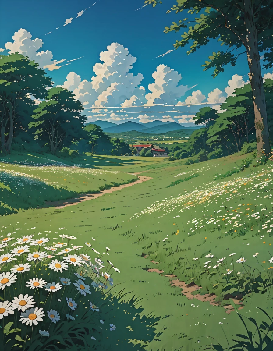 Masterpiece 8k Studio ghibli A serene landscape of a grassy field with daisies, under a clear blue sky with clouds. shade, natural light lighting!!!!!      solar 8khdr!!!!