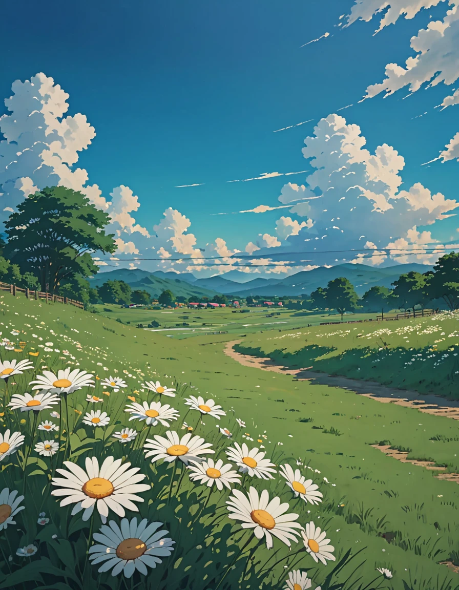 Masterpiece 8k Studio ghibli A serene landscape of a grassy field with daisies, under a clear blue sky with clouds. shade, natural light lighting!!!!! solar 8khdr!!!!