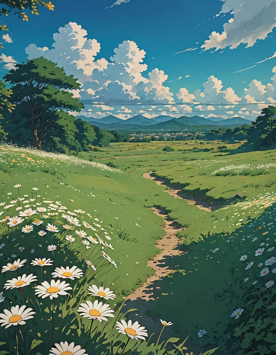 Masterpiece 8k Studio ghibli A serene landscape of a grassy field with daisies, under a clear blue sky with clouds. shade, natural light lighting!!!!!      solar 8khdr!!!!