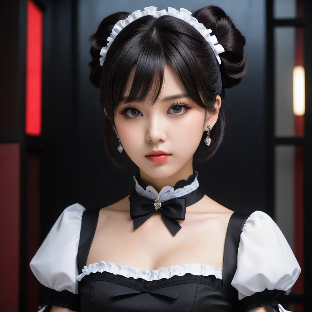 8k, Ultra-high resolution, Highest quality, masterpiece, 三分割法によるphotograph,Surreal, photograph, 1 Girl, (:1.3), pretty girl, Cute Face, Beautiful eyes in every detail, 細かくdetailedに,masterpiece,One Girl:1.2,Japanese female announcer,extream close up,Serious expression,Black short hair,Updo hairstyle,Maid Android,((Fusion of Gothic Lolita and La fashion:1,bracelet, chest, choker, clavicle, Earrings,Futuristic cityscape ,Perfect and beautiful face ,完璧でCute Face, Skin with attention to detail, Perfect limbs、Narrow waist,Looking at the audience,(((Ideal body type))),Aカップの小さなchest :2,Portraiture:2,Perfect Anatomy,鮮明なdetailed,detailed,Surreal,Light and shadow,stage lights
