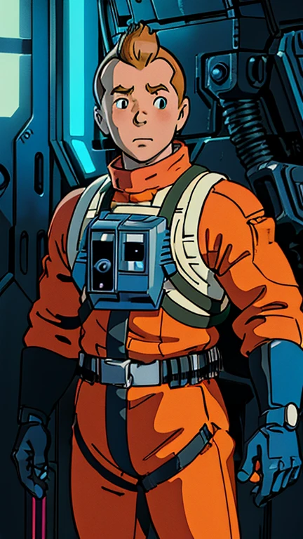 (Teens:1male: Tintin), (extremely detailed CG unit 8k wallpaper),(master part), (best quality), (ultra detail), (best illustration),(rebel pilot suit), cowboy shot, (Sharp eyeliner, ombre, detailed eyes:1), dark neon light cyberpunk indoors background, ,break , (ghibli style), upper body