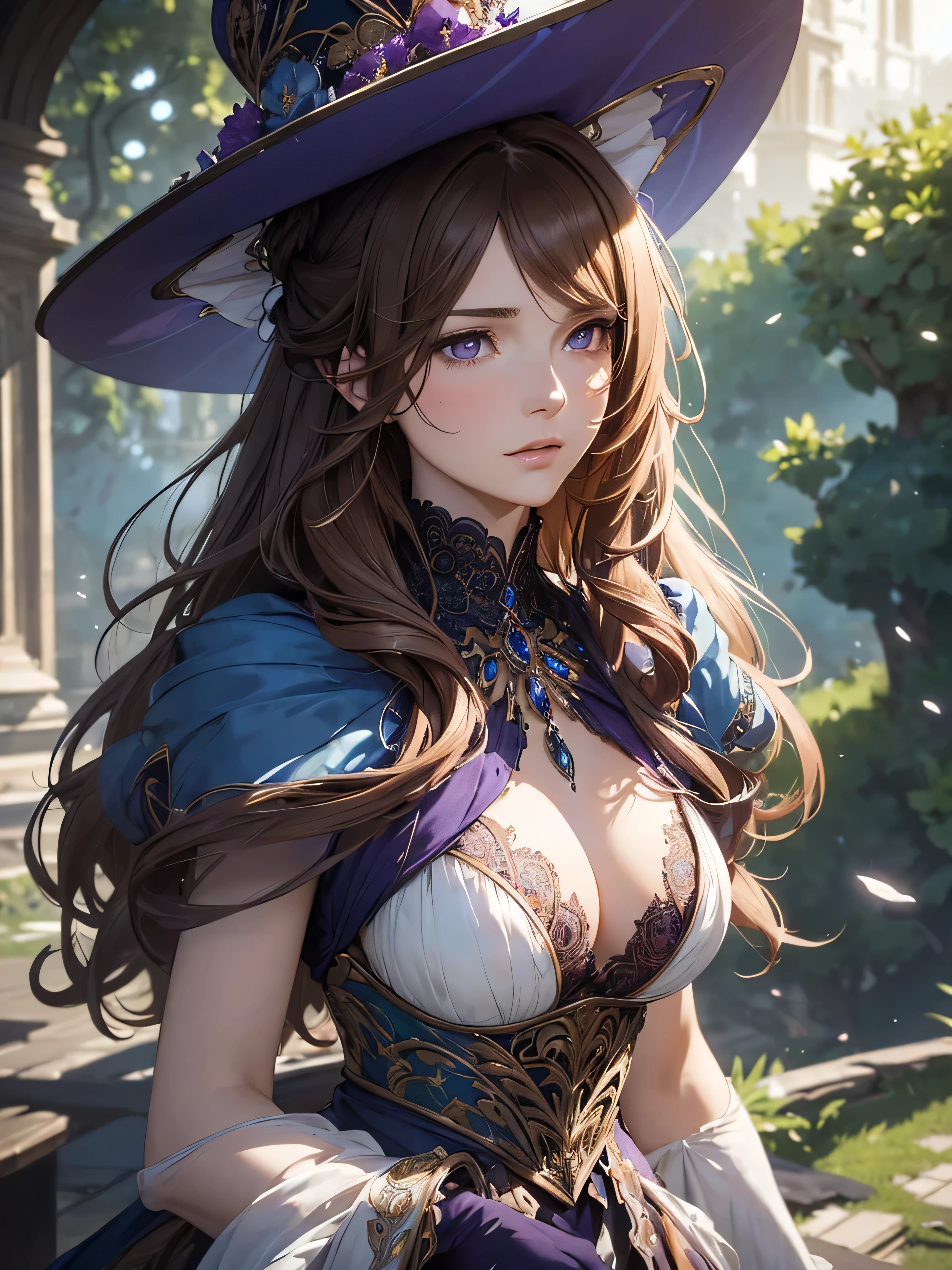(by Greg Rutkowski: 1.2), (masterpiece), ((best quality)), extremely delicate and beautiful, illustration, highly detailed face and body. ((Dynamic bust of beautiful aristocratic maiden,Brown chestnut hair elegantly coiled,Wearing a huge blue hat,Purple clear eyes,The hair is covered with beautiful and delicate floral craftsmanship, Crystal jewelry filigree)), HD. elegance. photorealism. Unreal engine. From Brian Froud and Carne Griffiths and Wadim Kashin and John William Waterhouse, 8K post-production, high resolution, hyperdetailed, depth of field, HDR, intricate