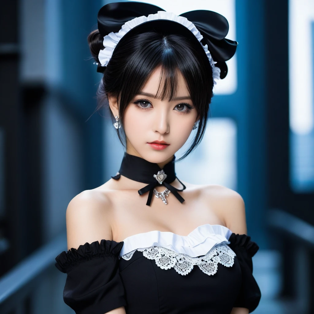 8k, Ultra-high resolution, Highest quality, masterpiece, 三分割法によるphotograph,Surreal, photograph, 1 Girl, (:1.3), pretty girl, Cute Face, Beautiful eyes in every detail, 細かくdetailedに,masterpiece,One Girl:1.2,Japanese female announcer,extream close up,Serious expression,Black short hair,Updo hairstyle,Maid Android,((Fusion of Gothic Lolita and La fashion:1,bracelet, chest, choker, clavicle, Earrings,Futuristic cityscape ,Perfect and beautiful face ,完璧でCute Face, Skin with attention to detail, Perfect limbs、Narrow waist,Looking at the audience,(((Ideal body type))),Aカップの小さなchest :2,Portraiture:2,Perfect Anatomy,鮮明なdetailed,detailed,Surreal,Light and shadow,stage lights