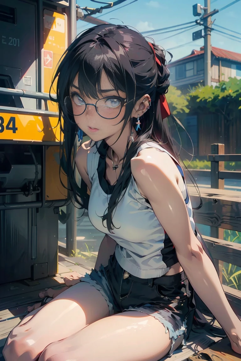 ((masterpiece)), ((Best quality)), ((Anime Avatar Style)), a 20 year old girl, ((light blue eyes)), ((ideal)), ((Round clear glasses)) , eyebrow, nose, ear, ((ear piercing)), mouth, ((Long black hair - )), neck, shoulder,, ((singlet)), ((shorts)), ((брюки noseки )), (neck chain), background landscape