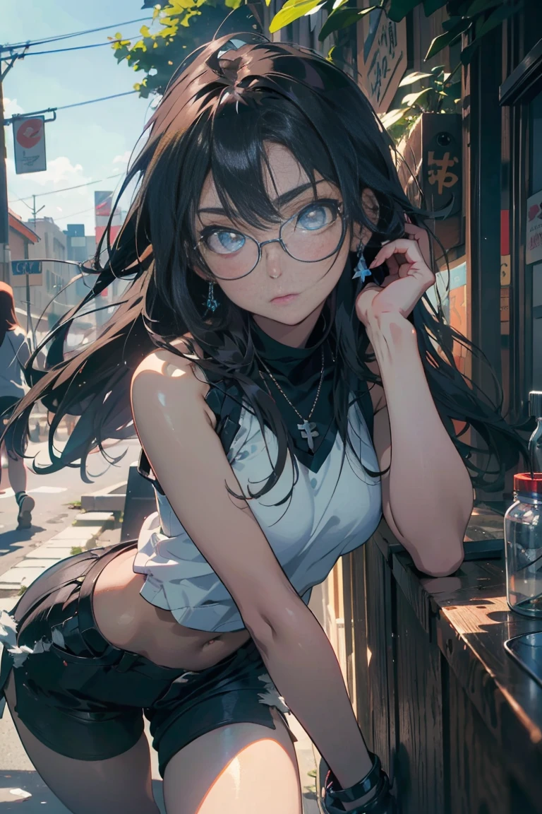 ((masterpiece)), ((Best quality)), ((Anime Avatar Style)), a 20 year old girl, ((light blue eyes)), ((ideal)), ((Round clear glasses)) , eyebrow, nose, ear, ((ear piercing)), mouth, ((Long black hair - )), neck, shoulder,, ((singlet)), ((shorts)), ((брюки noseки )), (neck chain), background landscape