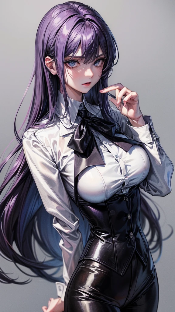 (Top resolution、Distinct_image)top-quality、A girl、​masterpiece、highly detailed, half body, Semi-realistic、blue eyes 、dark purple hair, 18year old,young 、Exquisite facial features、Facial features ,variation potrait , long  hairstyles,, teenage, cool , cold sharp eyes, survivor, An expression of anger. ,tall, lifeless eyes, blood on face, emotionless, {Very detailed 8k CG unit wallpaper, slim body, large curves,normal breasts  ,cool handsome girl,  wearing suit , mafia , white shirt, black pants , detective, police woman,