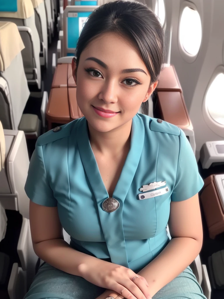 1girl, solo, 19 years old, (uniform), detailed inside commercial airplane, seductive pose, thick medium breasts, fit body, smooth realistic skin, cute little smirk, looking at the audience, high angle shot, (overhead shot:1.4), (zoom-out:1.3), (8k, RAW photo, best quality, masterpiece: 1.4), (realistic, realistic: 1.37), ultra-high resolution, cowboy shot