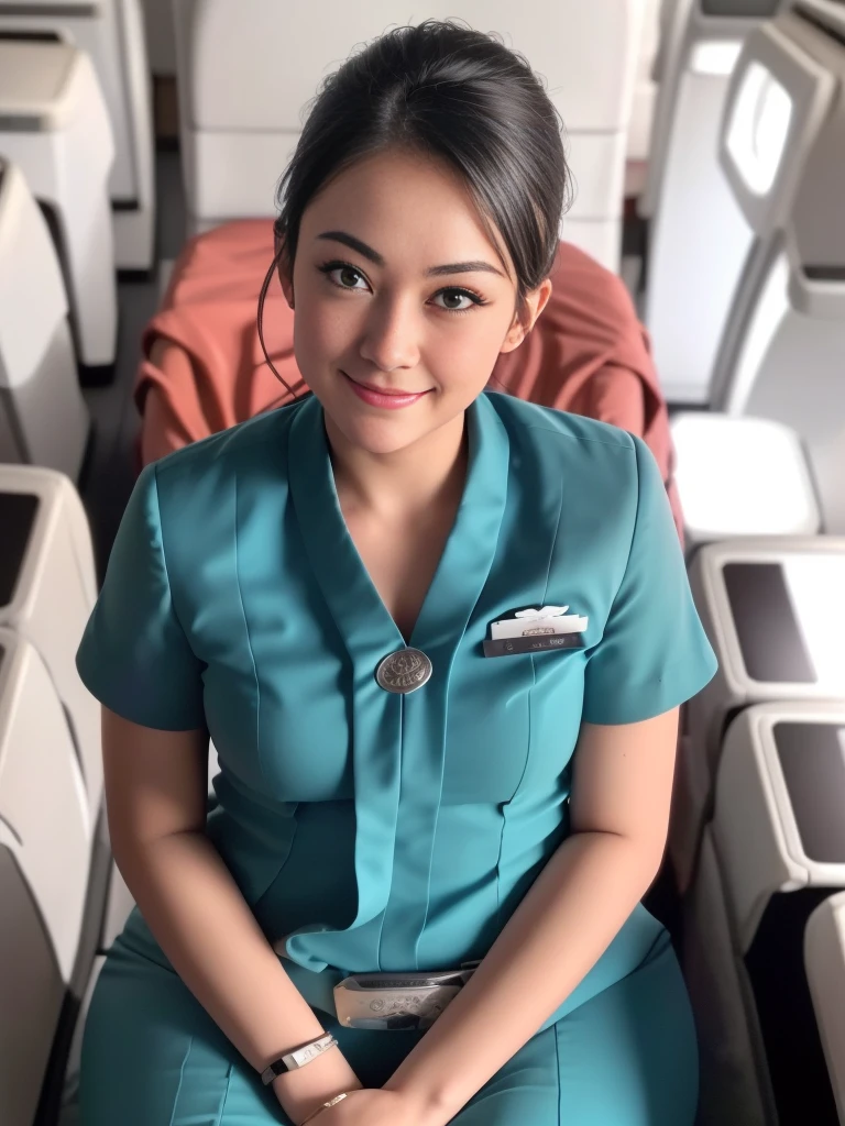 1girl, solo, 19 years old, (uniform), detailed inside commercial airplane, seductive pose, thick medium breasts, fit body, smooth realistic skin, cute little smirk, looking at the audience, high angle shot, (overhead shot:1.4), (zoom-out:1.3), (8k, RAW photo, best quality, masterpiece: 1.4), (realistic, realistic: 1.37), ultra-high resolution, cowboy shot