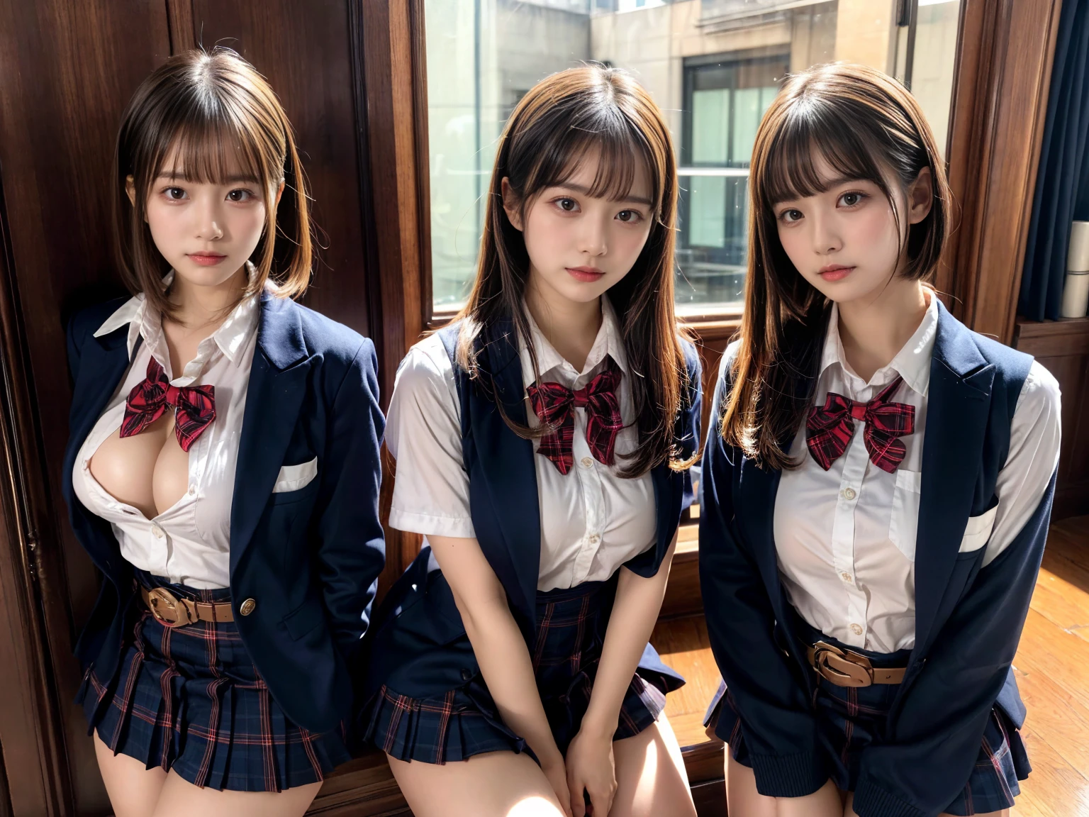 (8K, Raw photography, top-quality, masterpiece:1.2), master piece, best quality, illustration, Super detailed, fine details, High resolution, 8K,wall paper, perfect dynamic composition,(Details High quality, realistic depiction of eyes:1.3), ((2 girls, 2 schoolgirls)), The background is a luxury hotel room、High school girl uniform、blazer 、Super Short Check Uniform Skirt、Navy blue high socks、garterbelts、Colossal tits、Disturbed uniform, Play with each other,Touching each other's bodies,Touching the body of the girl next door, short bob hair, black hair color, huge breasts, Big Natural Color Lip, bold sexy pose, (perfect body shape), crying a little、cold gaze, Beautiful makeup,glitter makeup,Cutest 18 years old, beautiful legs, hposing Gravure Idol, Voluptuous thighs