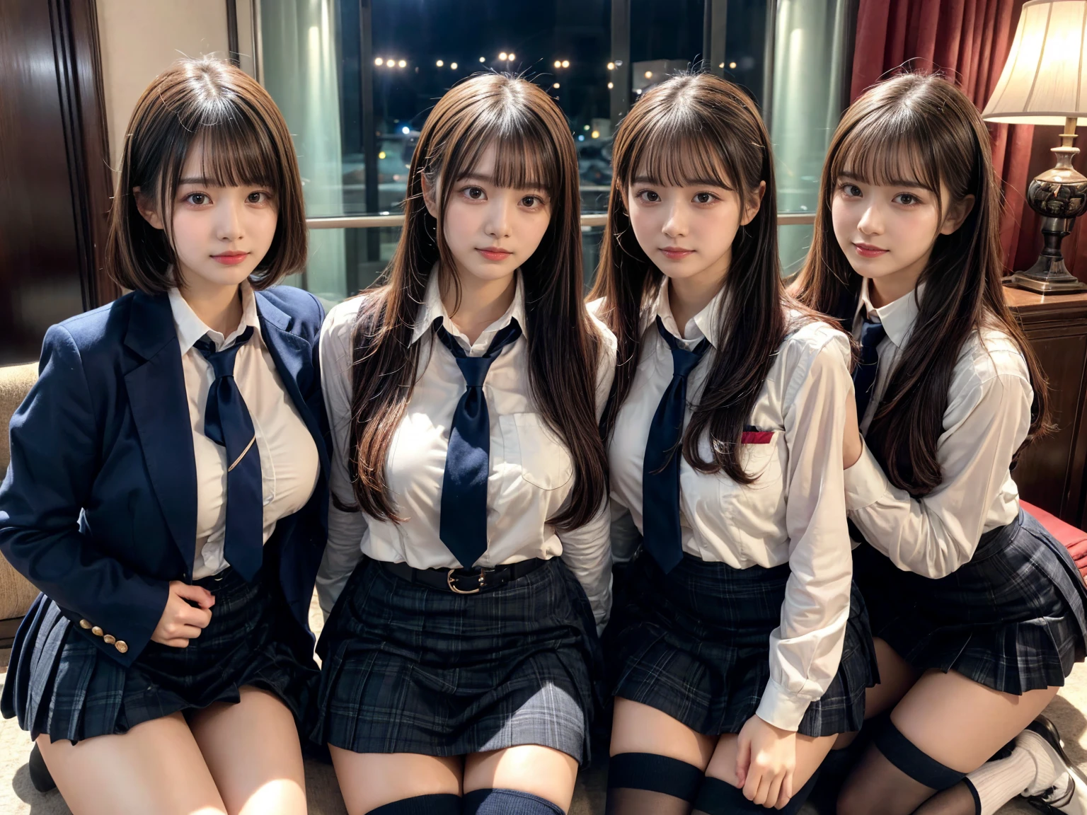 (8K, Raw photography, top-quality, masterpiece:1.2), master piece, best quality, illustration, Super detailed, fine details, High resolution, 8K,wall paper, perfect dynamic composition,(Details High quality, realistic depiction of eyes:1.3), ((2 girls, 2 schoolgirls)), The background is a luxury hotel room、High school girl uniform、blazer 、Super Short Check Uniform Skirt、Navy blue high socks、garterbelts、Colossal tits、Disturbed uniform, Play with each other,Touching each other's bodies,Touching the body of the girl next door, short bob hair, black hair color, huge breasts, Big Natural Color Lip, bold sexy pose, (perfect body shape), crying a little、cold gaze, Beautiful makeup,glitter makeup,Cutest 18 years old, beautiful legs, hposing Gravure Idol, Voluptuous thighs