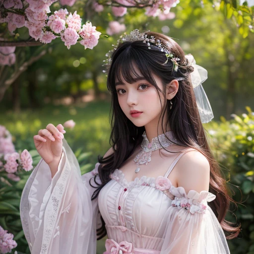 best quality, masterpiece, lifelike, 1 girl, solitary, eternal, Black Hair, Long curly hair, Bangs, Laugh out loud, layered dress， Puff sleeves, Wide sleeves, Transparent sleeves,  Detailed background,  Delicate face，pink blush,cold，Lots of lace，((​masterpiece))、(top quality)、8k、High Detail、Super detailed、 21 years old female，​masterpiece、born、Scenes resembling fairy tale illustrations、Intricate details showcase the ruffles and intricate designs of the ta dress、beautiful、magic、realism、Visual effect、FXAA、SSAO、Shader、voiceless、Ambient Lighting、Tone Mapping、high resolution、Ultra HD、Million pixels、(8K resolution:1.10)、8K resolution、High Detail、Intricate details、 (high quality:1.2、​masterpiece:1.2、:1.21)、(21 years old female）(Surrounded by a dreamy atmosphere ），Landscape photos