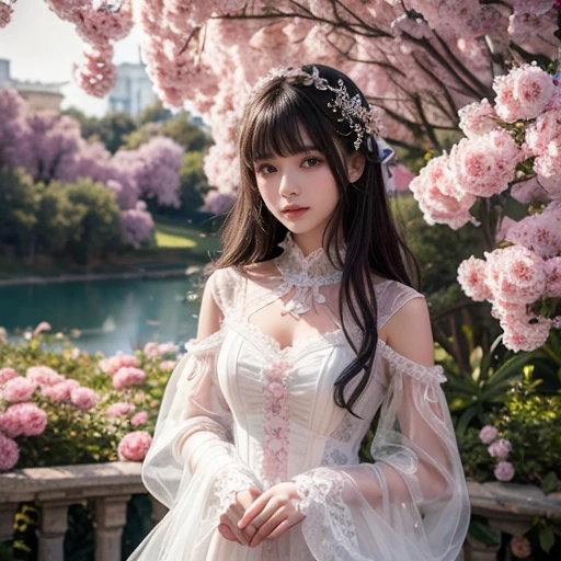 best quality, masterpiece, lifelike, 1 girl, solitary, eternal, Black Hair, Long curly hair, Bangs, Laugh out loud, layered dress, Puff sleeves, Wide sleeves, Transparent sleeves, Detailed background, Delicate face,pink blush,cold,Lots of lace,((masterpiece))、(top quality)、8k、High Detail、Super detailed、 21 years old female,masterpiece、born、Scenes resembling fairy tale illustrations、Intricate details showcase the ruffles and intricate designs of the Lolita dress、beautiful、magic、realism、Visual effect、FXAA、SSAO、Shader、voiceless、Ambient Lighting、Tone Mapping、high resolution、Ultra HD、Million pixels、(8K resolution:1.10)、8K resolution、High Detail、Intricate details、 (high quality:1.2、masterpiece:1.2、:1.21)、(21 years old female)(Surrounded by a dreamy atmosphere ),Landscape photos