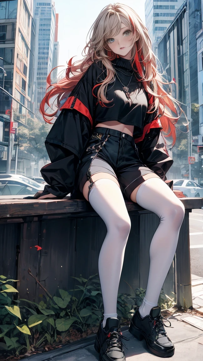 Woman with long blond hair with red streaks., green eyes, bright skin, freckled cheeks and wears a white blouse, black sweatshirt and shorts, white stockings, white straps on hips, and black shoes