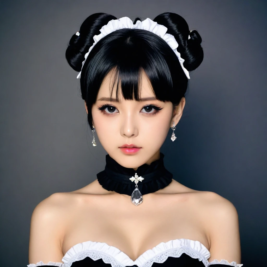 8k, Ultra-high resolution, Highest quality, masterpiece, 三分割法によるphotograph,Surreal, photograph, 1 Girl, (:1.3), pretty girl, Cute Face, Beautiful eyes in every detail, 細かくdetailedに,masterpiece,One Girl:1.2,Japanese female announcer,extream close up,Serious expression,Black short hair,Updo hairstyle,Maid Android,((Fusion of Gothic Lolita and La fashion:1,bracelet, chest, choker, clavicle, Earrings,Futuristic cityscape ,Perfect and beautiful face ,完璧でCute Face, Skin with attention to detail, Perfect limbs、Narrow waist,Looking at the audience,(((Ideal body type))),Aカップの小さなchest :2,Portraiture:2,Perfect Anatomy,鮮明なdetailed,detailed,Surreal,Light and shadow,stage lights