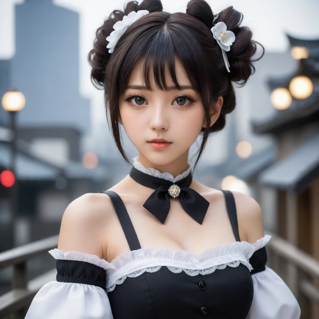 8k, Ultra-high resolution, Highest quality, masterpiece, 三分割法によるphotograph,Surreal, photograph, 1 Girl, (************:1.3), pretty girl, Cute Face, Beautiful eyes in every detail, 細かくdetailedに,masterpiece,One Girl:1.2,Japanese female announcer,extream close up,Serious expression,Black short hair,Updo hairstyle,Maid Android,((Fusion of Gothic ****ta and ****ta fashion:1.3)),bracelet, chest, choker, clavicle, Earrings,Futuristic cityscape ,Perfect and beautiful face ,完璧でCute Face, Skin with attention to detail, Perfect limbs、Narrow waist,Looking at the audience,(((Ideal body type))),Aカップの小さなchest :2,Portraiture:2,Perfect Anatomy,鮮明なdetailed,detailed,Surreal,Light and shadow,stage lights