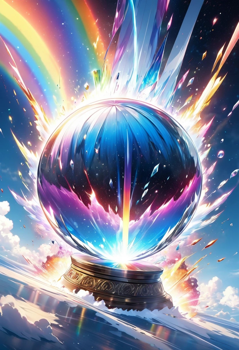 the holy sword Durandal, shatters the transparent crystal ball, erupting rainbow cosmic rays and sending the galaxy hurtling towards destruction, (ultra detailed, absolutely resolution, best quality:1.3), 2.5D, delicate and dynamic, artistic photography, hyper realistic, graphic CG digital art