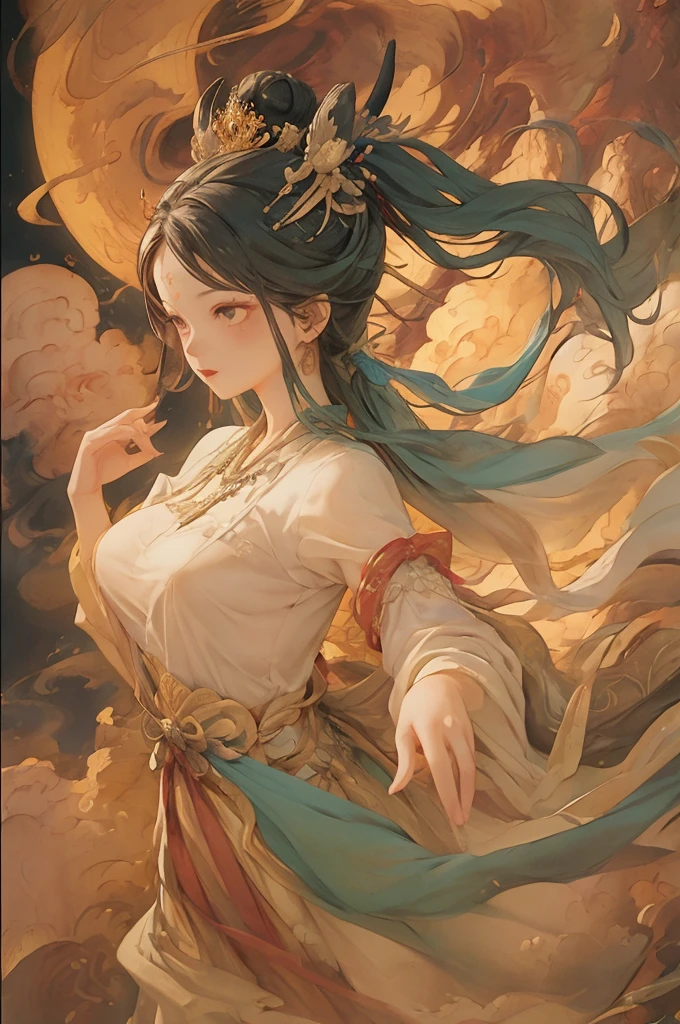 (RAW photo, best quality), (realistic, photo-realistic:1.3),best quality,highly detailed,masterpiece,ultra-detailed,illustration,1girl,upper_body,dynamic angle,world masterpiece theater,messy_long_hair,best quality,extremely detailed CG unity 8k wallpaper,ink,Amazing,cinematic lighting,lens_flare,,dunhuang_style