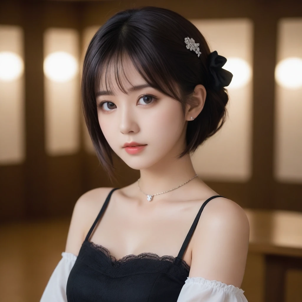8k, Ultra-high resolution, Highest quality, masterpiece, 三分割法によるphotograph,Surreal, photograph, 1 Girl, (16 years old:1.3), pretty girl, Cute Face, Beautiful eyes in every detail, 細かくdetailedに,masterpiece,One Girl:1.2,Japanese female announcer,extream close up,Serious expression,Black short hair,Updo hairstyle,Maid Android,((Fusion of Gothic Lolita and Lolita fashion:1.3)),bracelet, chest, choker, clavicle, Earrings,Futuristic cityscape ,Perfect and beautiful face ,完璧でCute Face, Skin with attention to detail, Perfect limbs、Narrow waist,Looking at the audience,(((Ideal body type))),Aカップの小さなchest :2,Portraiture:2,Perfect Anatomy,鮮明なdetailed,detailed,Surreal,Light and shadow,stage lights