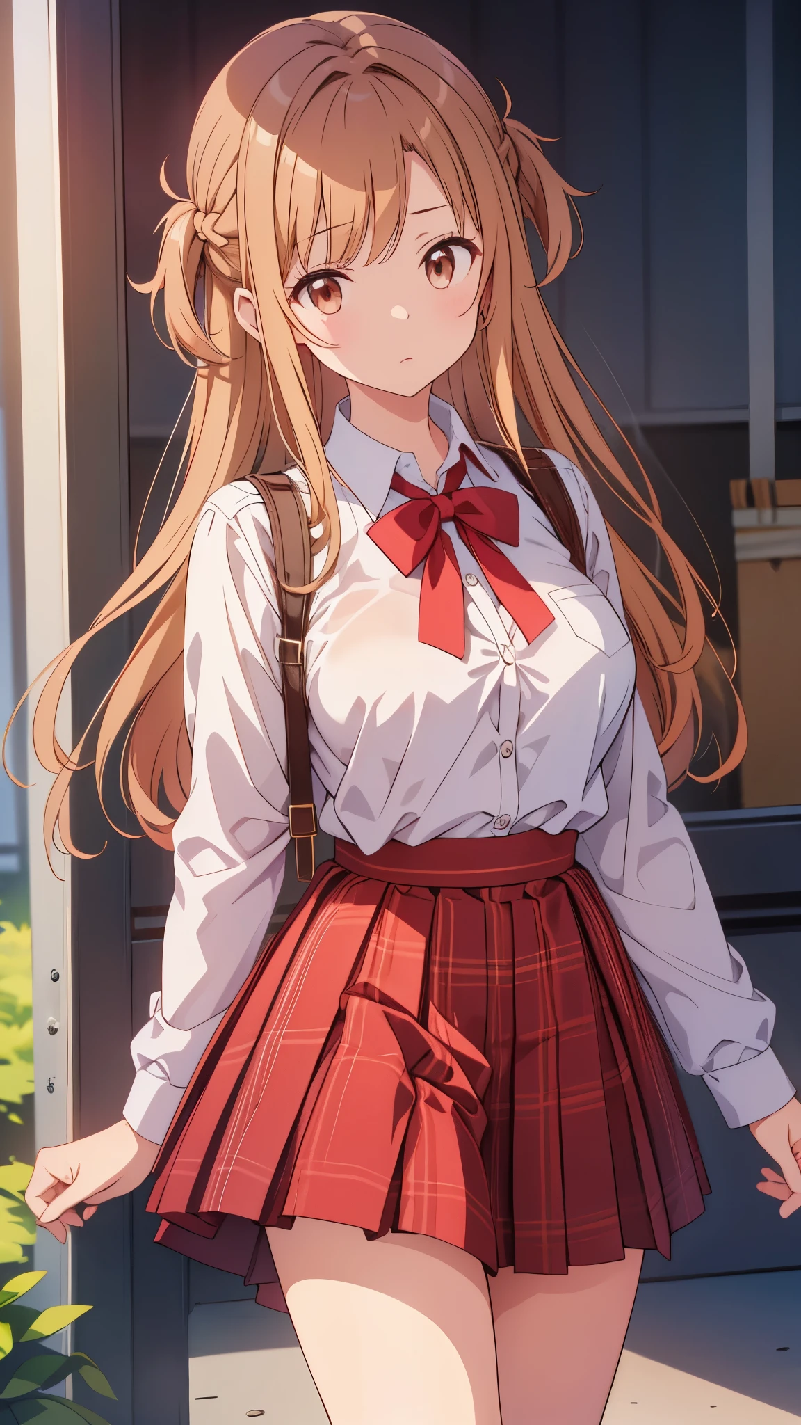 uniformを着たアニメの女の子が窓辺で写真を撮るためにポーズをとっている 傑作, Highest quality, High resolution, sa1, Brown Hair, uniform, White shirt, Skirt, Checked skirt, Open shirt, Wearing a bra,