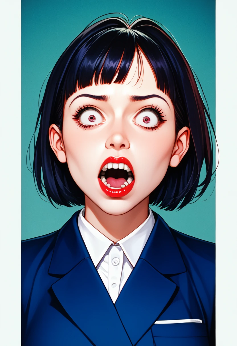 An illustration、art、70s horror movie posters, Supervised by Junji Ito、High detail, Realistic Shadows、Analog Style, chromatic aberration, Surrealism、Complementary Gradient, Girl in the middle, Girl shock, scared, creepy heads around, dark