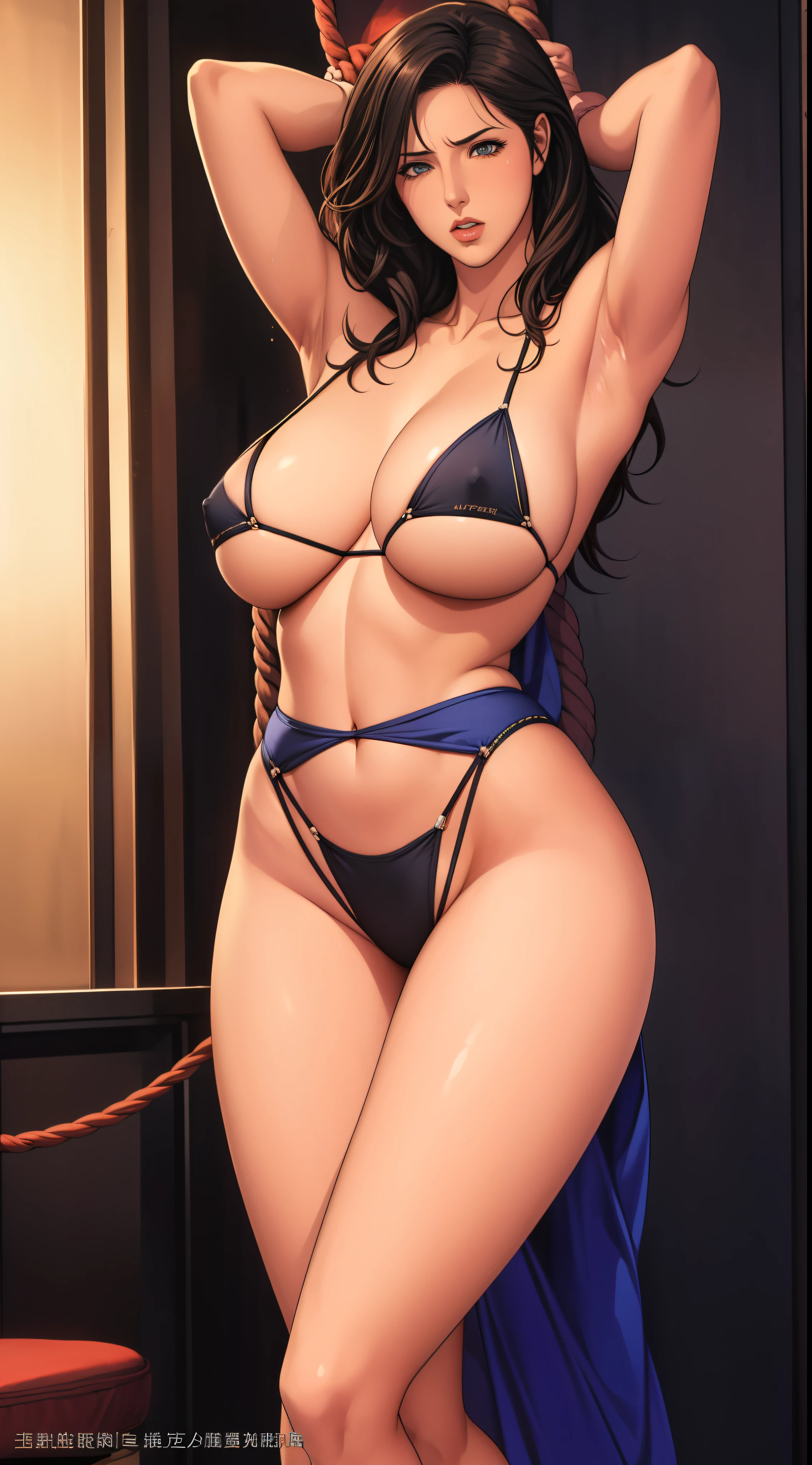 (8ก, 最high quality: 1.2), Very detailed, Complete solution, (Realistic, Realistic photo: 1.5), Portraiture, High resolution RAW color photograph, Professionally arrested, High resolution and beautiful, High resolution, 8ก Image Wallpaper, Amazing details, Large file size, Very detailed美しい女の子, Very detailed face, (Super detailed and super beautiful eyes:1.8), The nose is precisely shaped., Expressive crimson lips, The background is not blurred, One Story, pretty girl, Realistic、 (Movie Scenes,Fantasy art,最high quality,high quality,High resolution,High quality texture,Attention to detail,Beautiful details,Fine details,Very detailedCG,Detailed Texture,Realistic representation of face,whole body photography,before,dynamic,bold),1 Girl,Very detailed肌,curve,(Black Micro Bikini :1.8),(Fully expose your thighs to the viewer:1.8),(rope bondage:1.6),((Stand with your feet apart and facing forward)),((Raise your arms above your head:1.6)) ,((Show both armpits:1.6)),((Long legs)),((Poses that make your legs look longer)),(Nipples are visible:1.2),(Beautiful breasts,Under the chest,Large Breasts:1.5),Pale skin,Pointed Chest,(Very fine hairs),(Very soft hair),(Wavy Hair),Long, slicked bangs,Very light coppery amber hair,Long hair down to the waist,(Hair on one eye:1.3),(Open your mouth:1.2),Blue eyes,Sensual look,Blushing,No sleeve,Mature Woman,Detailed fingers, Perfect hands, Length 180cm,Small face,sweating,Sweat on the face, dripping between her legs,((Small breasts:1.1)),((Small Ass:1.1)),Tied up woman,complain of embarrassment,(Angry),shout,Soft thighs,sexy legs,Sexy ass, Beautiful wrinkle-free butt,Cleavage,Open the chest,Smooth thighs and legs,((Amazing orgasm)),Big Sexy Ass, ((Long and beautiful leg details)),Wearing high heels,Perfect Body Proportions, (Slim waist),Nipples visible,The areola is protruding,Tight waist,(Long legs:1.6),Thighs open,Huge :1.1,perspective:1.2,Looking at the audience,Character-centric,symmetry diagram,whole body:1.5,Abdominal shot