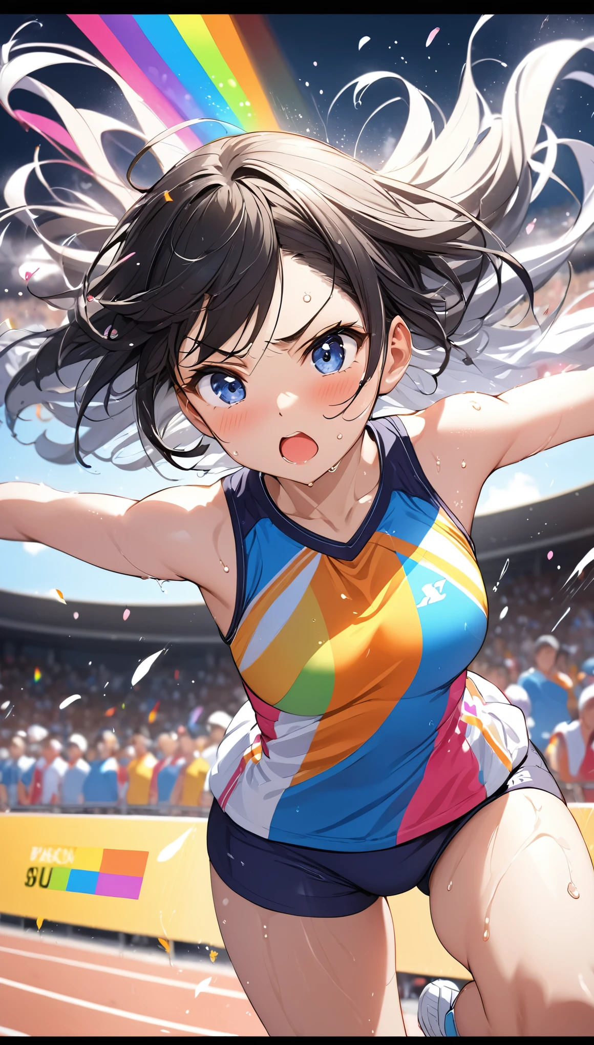 (Sports magazine cover photo), Highest quality, Great quality, 16K, Unbelievably absurd, Very detailed, delicate and dynamic, Natural light, The particles reflect light, Diffuse reflection of light, Many rainbow-colored petals fall, Beautiful truck studium, Sparkling Sun, Diffuse reflection of light, Create amazing image effects, , Wet, sweating, high jump competition, color bar, Close-up(Cute sexy girl, big bouncing busts, Sensual expression, Cool girl, Serious, passion, Dynamic, Flashy track and field uniform, audience , much-air-laden cheer)