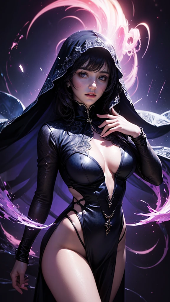 (a beautiful woman in a see-through navy dress:1.3),(veil of light, Veil with light particle effect:1.2), (fractal art:1.2) , (dynamic angle), (black and purple background, darkness, rainbow-colored aura floating in the darkness:1.3), (shiny skin), elegant, realistic style with fantasy elements , charming realistic characters, Surrealism,(official art, unity 8k wallpaper, ultra detailed, beautiful and aesthetic, masterpiece ,best quality, photorealistic:1.3),