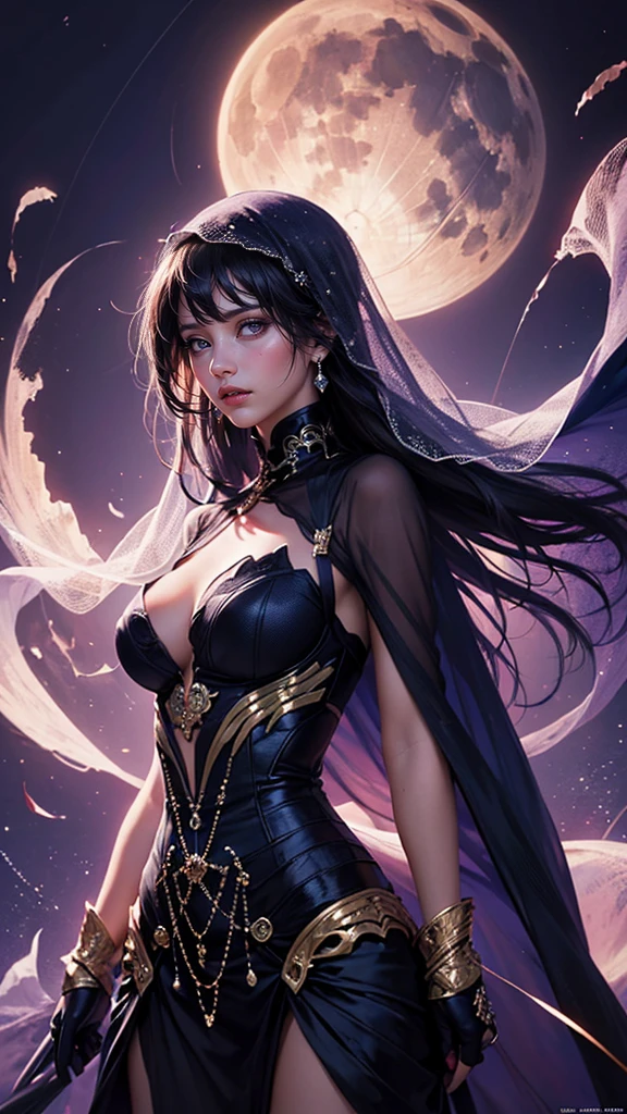 (a beautiful woman in a see-through navy dress:1.3),(veil of light, Veil with light particle effect:1.2), (fractal art:1.2) , (dynamic angle), (black and purple background, darkness, rainbow-colored aura floating in the darkness:1.3), (shiny skin), elegant, realistic style with fantasy elements , charming realistic characters, Surrealism,(official art, unity 8k wallpaper, ultra detailed, beautiful and aesthetic, masterpiece ,best quality, photorealistic:1.3),