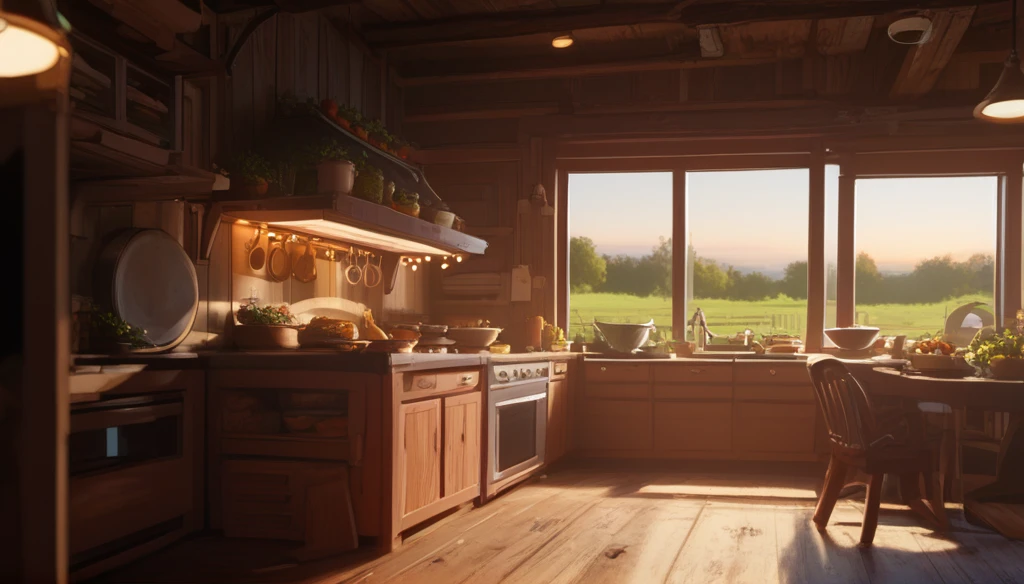 Farmhouse kitchen with lights illuminating the space, a kitchen counter with food on top, a refrigerator, stove, various details, a window reflecting the flowery field outside. Luxurious and beautiful kitchen.