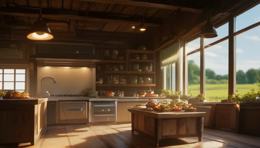 Farmhouse kitchen with lights illuminating the space, a kitchen counter with food on top, a refrigerator, stove, various details, a window reflecting the flowery field outside. Luxurious and beautiful kitchen.