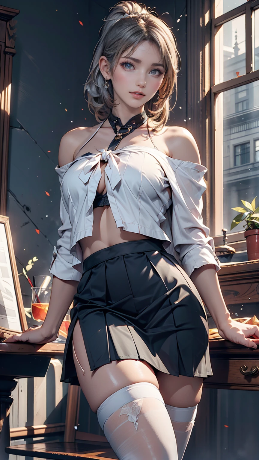 woman + exit + India + Affectionate + veil splashart, splashart, league of legends splashart, art, Brushstrokes, masterpiece, 8k, Super detailed, High resolution、24歳woman、Sexy proportions、Sexy、Narrow waist、Silver Hair、Hair pulled up and tied back((hair pulled back))、Off-the-shoulder tops、Low-rise mini pleated skirt、High Knee Socks、sneakers