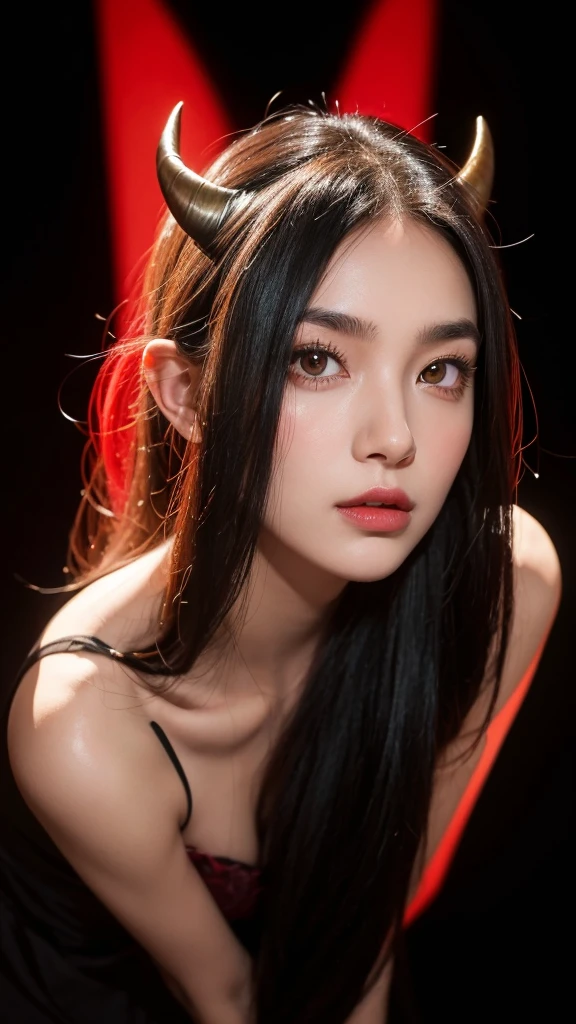 A stylized digital portrait of a young woman with long, sleek dark hair, posing with a tilted head and gazing directly at the viewer. She has sharp, well-defined eyebrows, full lips, and a serene yet slightly mysterious expression. The background features glowing red devil horns and a heart outline, giving a playful and edgy atmosphere. The lighting accentuates her facial features, creating a dramatic contrast between light and shadow. The overall aesthetic is modern and bold, with a hint of mischievousness.