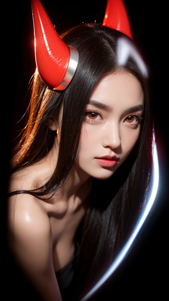 A stylized digital portrait of a young woman with long, sleek dark hair, posing with a tilted head and gazing directly at the viewer. She has sharp, well-defined eyebrows, full lips, and a serene yet slightly mysterious expression. The background features glowing red devil horns and a heart outline, giving a playful and edgy atmosphere. The lighting accentuates her facial features, creating a dramatic contrast between light and shadow. The overall aesthetic is modern and bold, with a hint of mischievousness.