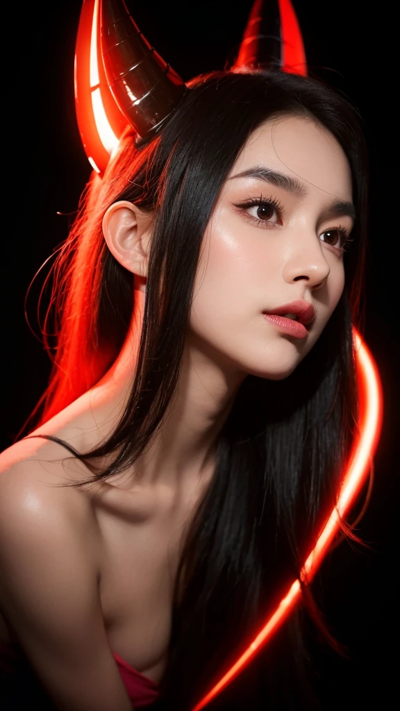 A stylized digital portrait of a young woman with long, sleek dark hair, posing with a tilted head and gazing directly at the viewer. She has sharp, well-defined eyebrows, full lips, and a serene yet slightly mysterious expression. The background features glowing red devil horns and a heart outline, giving a playful and edgy atmosphere. The lighting accentuates her facial features, creating a dramatic contrast between light and shadow. The overall aesthetic is modern and bold, with a hint of mischievousness.