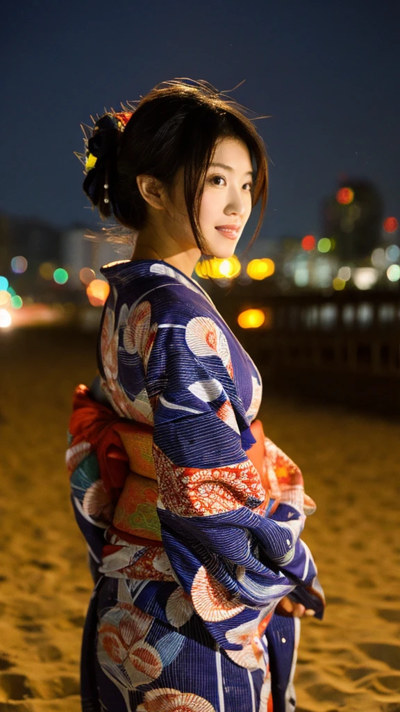 Night Beach、A beautiful woman in a yukata looks back、Realistic and high quality