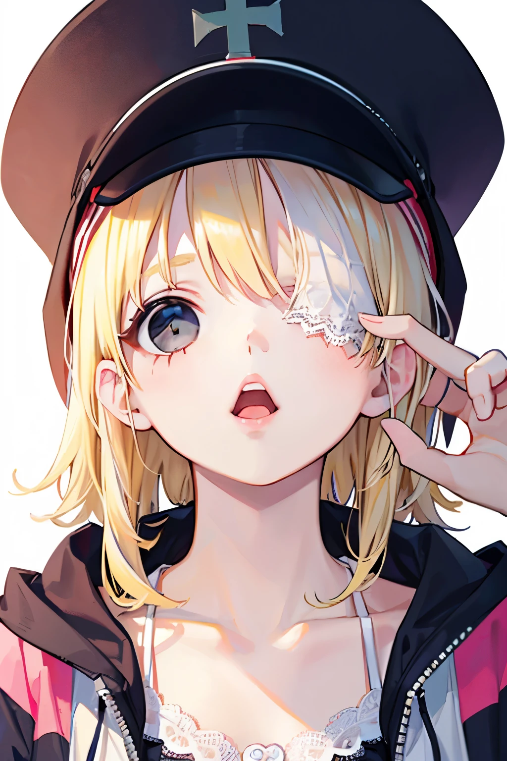 beautiful cute girl,((blonde hair:1.2)),(Medium wave hair:1.1),(close one eye:1.3),(hand to own mouth:1.2),(camisole:1.25),(blouson jacket:1.25),((White cap:1.25)),(lace:1.2),kiss Face,(Chapel:1.25),close-up Face,Looking up
