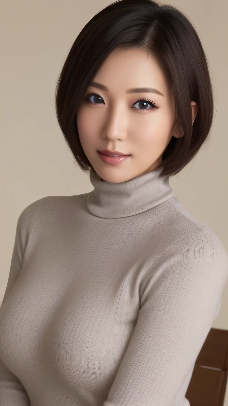 Asian woman wearing a turtleneck sweater、
(((masterpiece))), ((Highest quality)), ((Intricate details)), (((Super realistic)), An absurd solution, Mature Woman, Mature Woman, Near and far, Very detailed, Realistic, One Girl, ((Huge boobs)), Perfect hands, Detailed fingers, Beautiful and fine details, short hair, Brown eyes,(turtleneck:1.2), Tight Skirt, Detailed Background, choker, Perfect Eyes, Captivating eyes, Look at the viewers, from the front